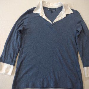 KAREN SCOTT BLUE LONG SLEEVE BLOUSE WITH FAUX BUTTON DOWN WHITE SHIRT UNDERLAYER